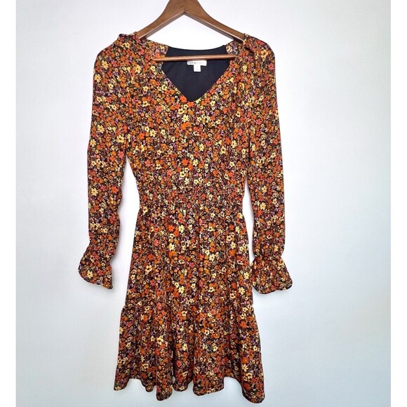 Bar III Dress Womens Size S Black Floral Pattern Cinch Waist Long Ruffle Sleeve - Picture 1 of 10